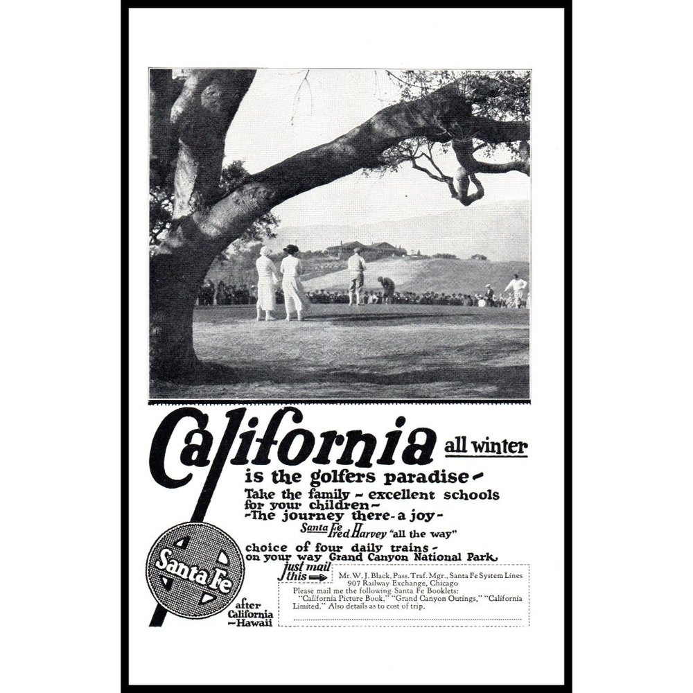 1924 Santa Fe Railroad Line Vintage Print Ad California Golf Course Wall Art